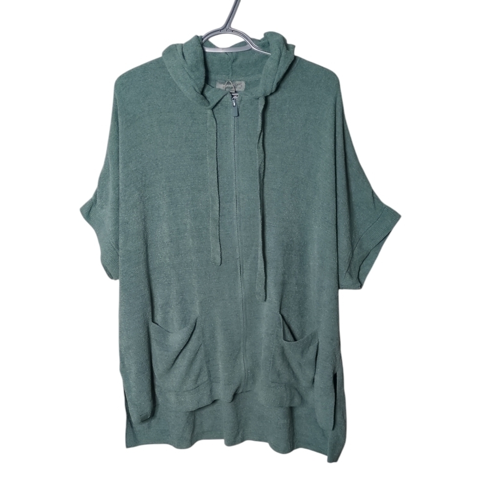 NWT Barefoot Dreams Cozy Chic Ultra Lite Short Sleeve Zip Up Hoodie Blue‎ Spruce